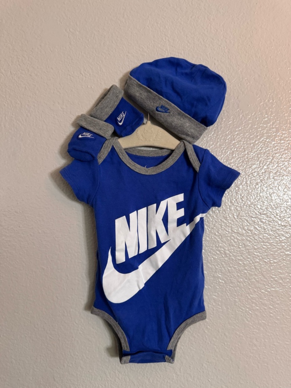 Nike Royal Blue Baby One-Piece Bodysuit with Gray Trim, Hat & Mittens